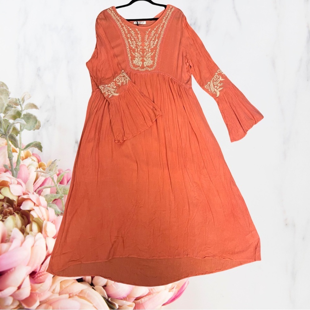 Glamorous Curve Boho Embroidered Bell-Sleeve Dress Orange White Rayon Sz 14 - Picture 6 of 14